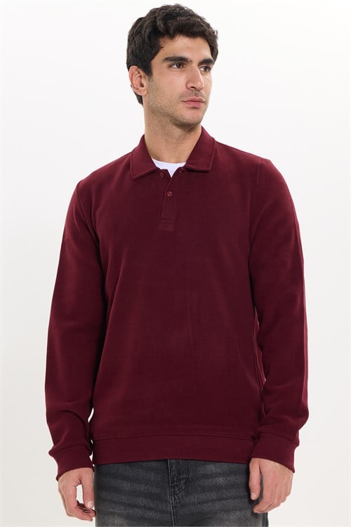 Erkek Regular Fit Klasik Kesim Uzun Kollu Selanik Kumaş Bordo Polo Yaka Sweatshirt