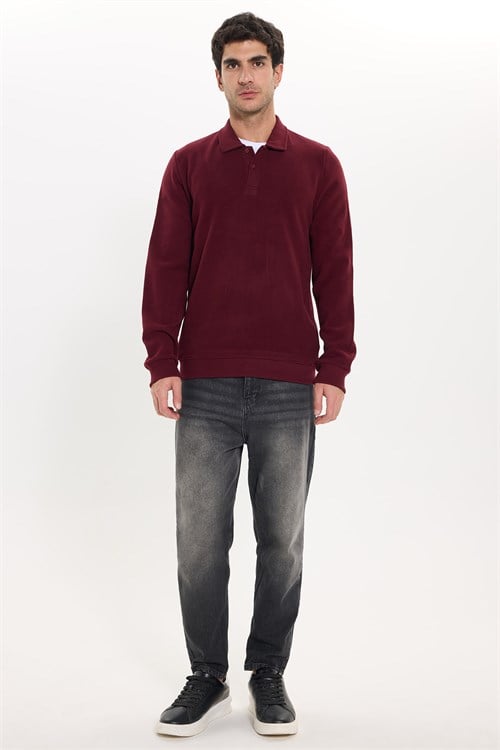 Erkek Regular Fit Klasik Kesim Uzun Kollu Selanik Kumaş Bordo Polo Yaka Sweatshirt