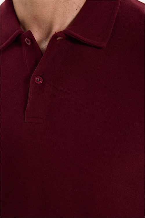 Erkek Regular Fit Klasik Kesim Uzun Kollu Selanik Kumaş Bordo Polo Yaka Sweatshirt