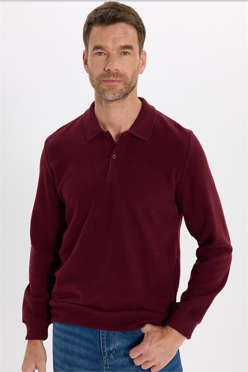 Erkek Regular Fit Klasik Kesim Uzun Kollu Bordo Polo Yaka Sweatshirt