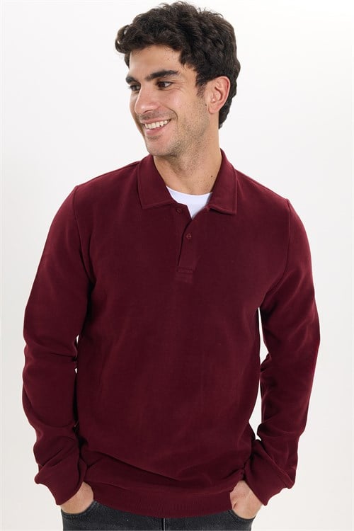 Erkek Regular Fit Klasik Kesim Uzun Kollu Selanik Kumaş Bordo Polo Yaka Sweatshirt