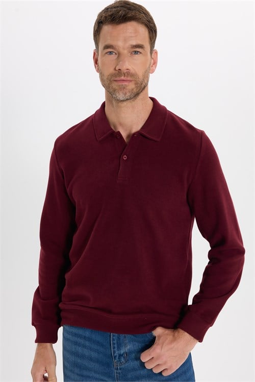Erkek Regular Fit Klasik Kesim Uzun Kollu Selanik Kumaş Bordo Polo Yaka Sweatshirt