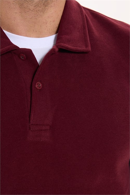 Erkek Regular Fit Klasik Kesim Uzun Kollu Selanik Kumaş Bordo Polo Yaka Sweatshirt