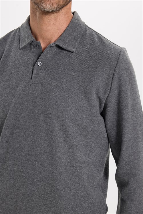 Erkek Regular Fit Klasik Kesim Uzun Kollu Selanik Kumaş Antrasit Polo Yaka Sweatshirt