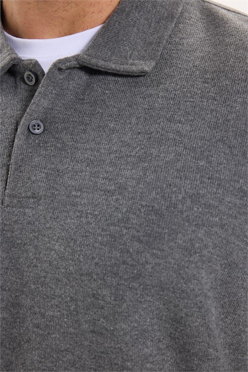 Erkek Regular Fit Klasik Kesim Uzun Kollu Selanik Kumaş Antrasit Polo Yaka Sweatshirt