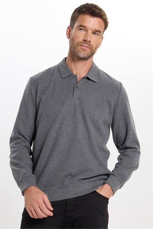 Erkek Regular Fit Klasik Kesim Uzun Kollu Antrasit Polo Yaka Sweatshirt