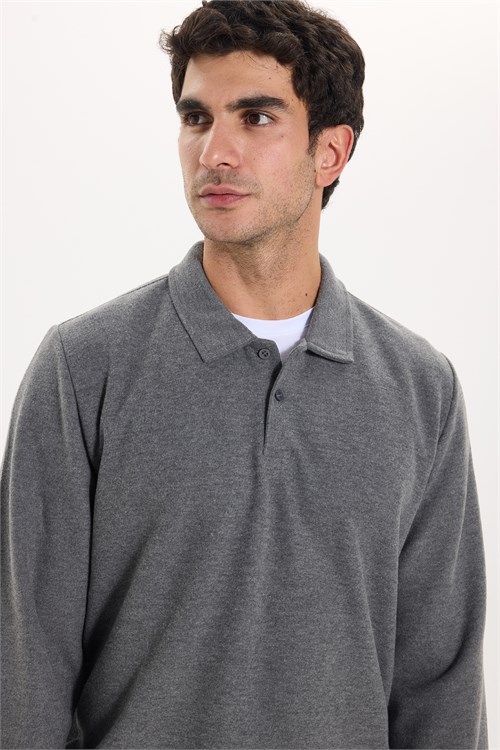 Erkek Regular Fit Klasik Kesim Uzun Kollu Selanik Kumaş Antrasit Polo Yaka Sweatshirt
