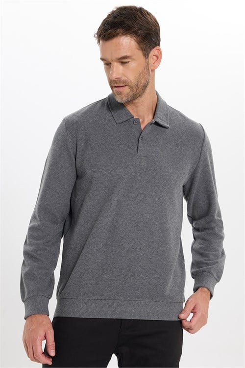 Erkek Regular Fit Klasik Kesim Uzun Kollu Antrasit Polo Yaka Sweatshirt