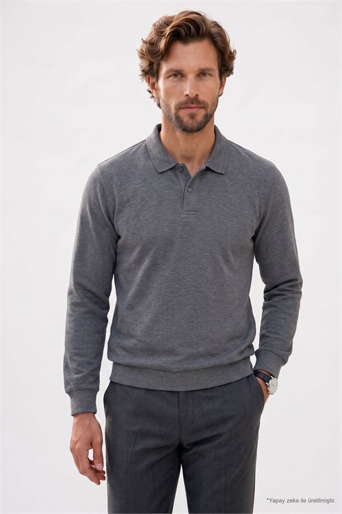 Erkek Regular Fit Klasik Kesim Uzun Kollu Selanik Kumaş Antrasit Polo Yaka Sweatshirt