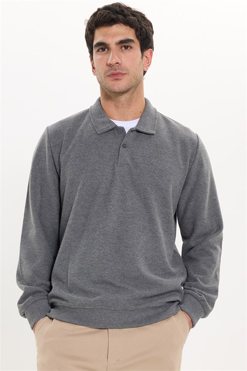 Erkek Regular Fit Klasik Kesim Uzun Kollu Selanik Kumaş Antrasit Polo Yaka Sweatshirt