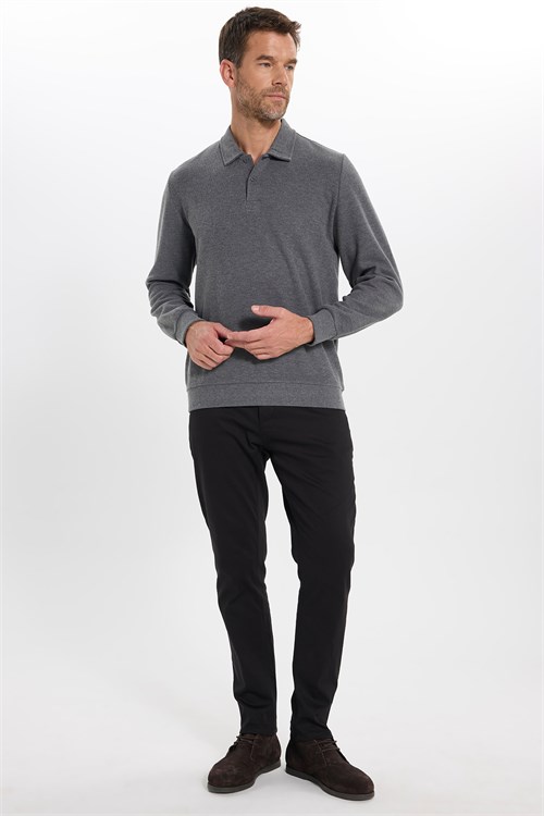 Erkek Regular Fit Klasik Kesim Uzun Kollu Antrasit Polo Yaka Sweatshirt