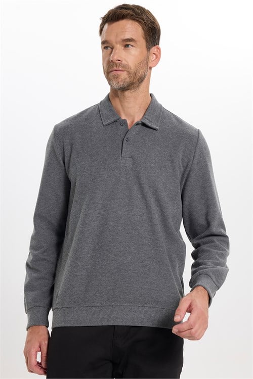 Erkek Regular Fit Klasik Kesim Uzun Kollu Antrasit Polo Yaka Sweatshirt