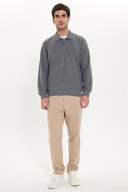 Erkek Regular Fit Klasik Kesim Uzun Kollu Selanik Kumaş Antrasit Polo Yaka Sweatshirt
