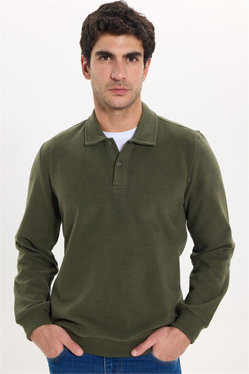 Erkek Regular Fit Klasik Kesim Uzun Kollu Selanik Kumaş Haki Polo Yaka Sweatshirt