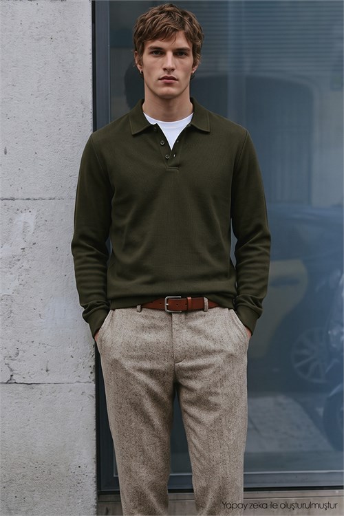 Erkek Regular Fit Klasik Kesim Uzun Kollu Selanik Kumaş Haki Polo Yaka Sweatshirt