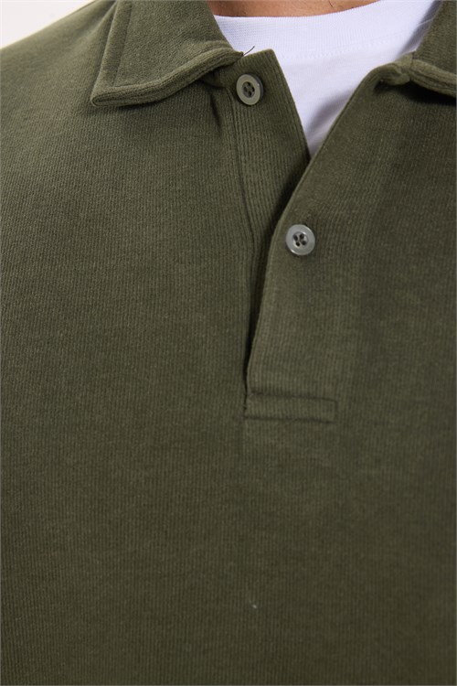 Erkek Regular Fit Klasik Kesim Uzun Kollu Selanik Kumaş Haki Polo Yaka Sweatshirt