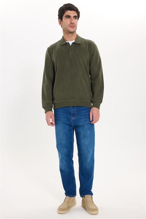 Erkek Regular Fit Klasik Kesim Uzun Kollu Selanik Kumaş Haki Polo Yaka Sweatshirt