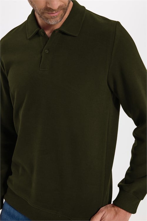 Erkek Regular Fit Klasik Kesim Uzun Kollu Haki Polo Yaka Sweatshirt