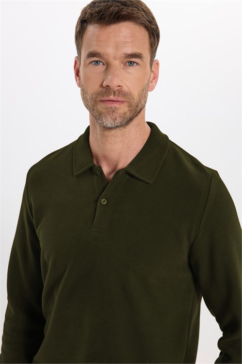 Erkek Regular Fit Klasik Kesim Uzun Kollu Haki Polo Yaka Sweatshirt