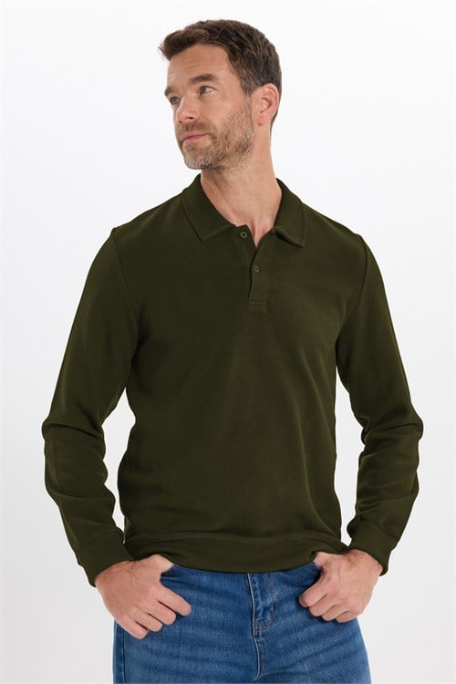 Erkek Regular Fit Klasik Kesim Uzun Kollu Haki Polo Yaka Sweatshirt