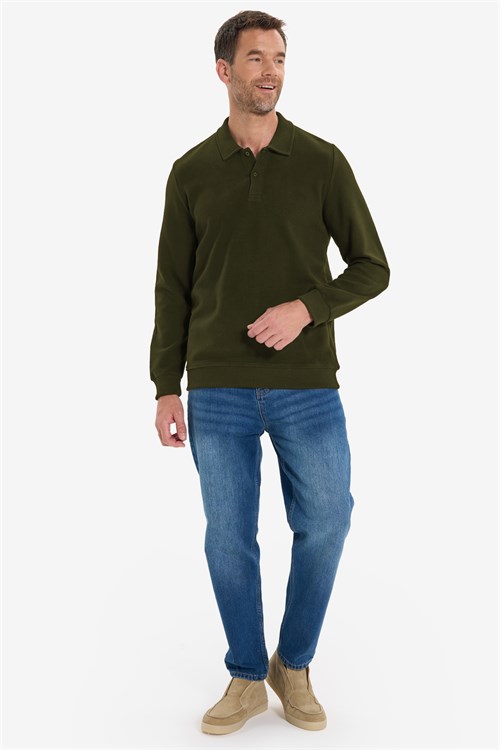 Erkek Regular Fit Klasik Kesim Uzun Kollu Haki Polo Yaka Sweatshirt