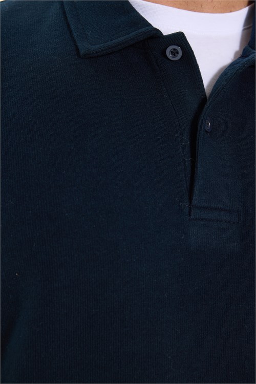 Erkek Regular Fit Klasik Kesim Uzun Kollu Selanik Kumaş Lacivert Polo Yaka Sweatshirt