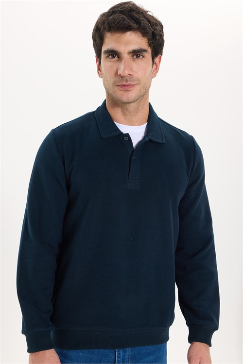 Erkek Regular Fit Klasik Kesim Uzun Kollu Selanik Kumaş Lacivert Polo Yaka Sweatshirt