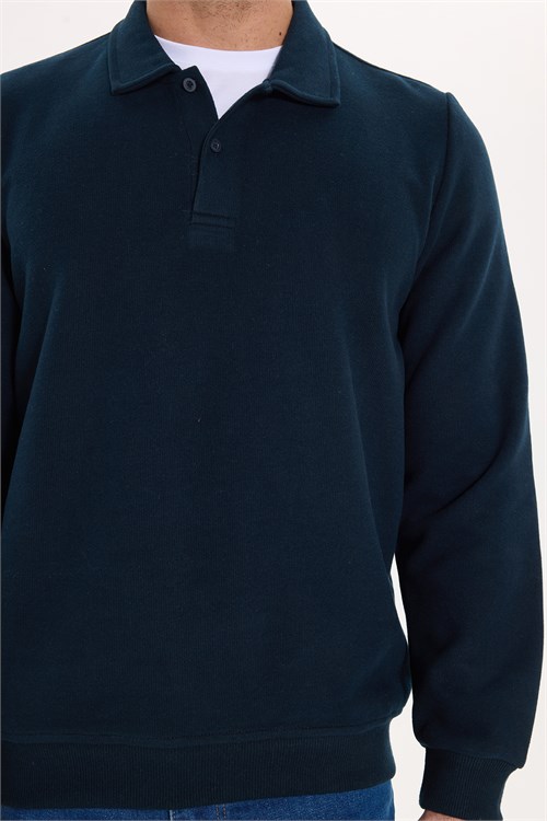 Erkek Regular Fit Klasik Kesim Uzun Kollu Selanik Kumaş Lacivert Polo Yaka Sweatshirt