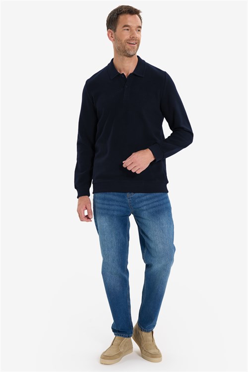 Erkek Regular Fit Klasik Kesim Uzun Kollu Lacivert Polo Yaka Sweatshirt