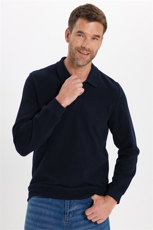 Erkek Regular Fit Klasik Kesim Uzun Kollu Lacivert Polo Yaka Sweatshirt