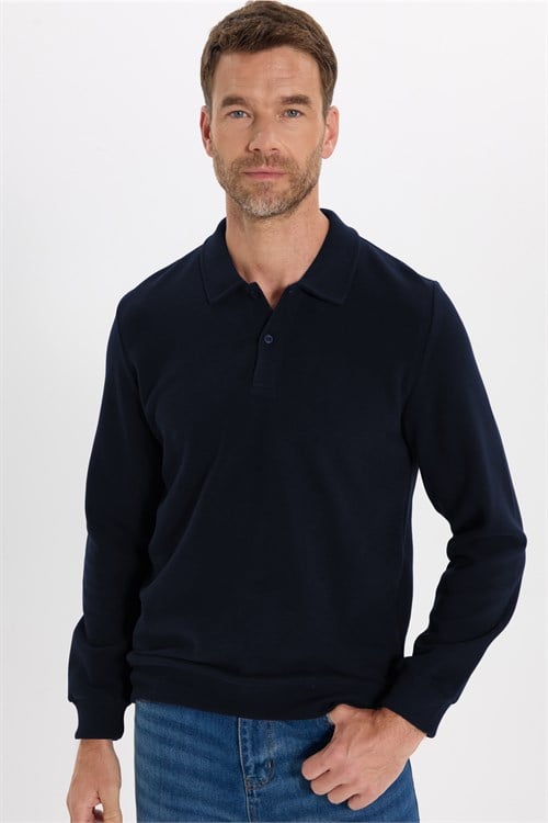 Erkek Regular Fit Klasik Kesim Uzun Kollu Lacivert Polo Yaka Sweatshirt