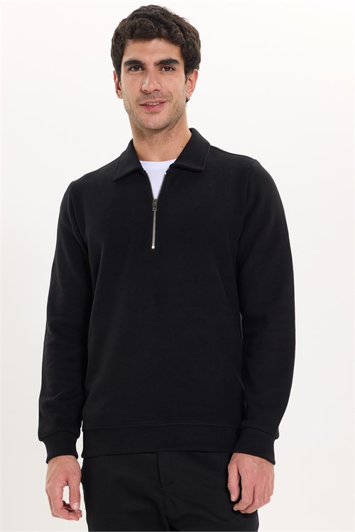 Erkek Regular Fit Klasik Kesim Fermuarlı Selanik Kumaş Siyah Polo Yaka Sweatshirt