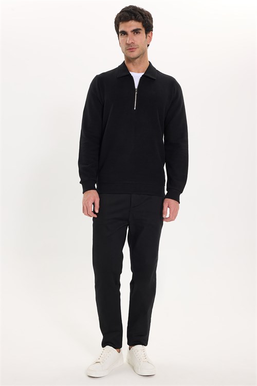 Erkek Regular Fit Klasik Kesim Fermuarlı Selanik Kumaş Siyah Polo Yaka Sweatshirt