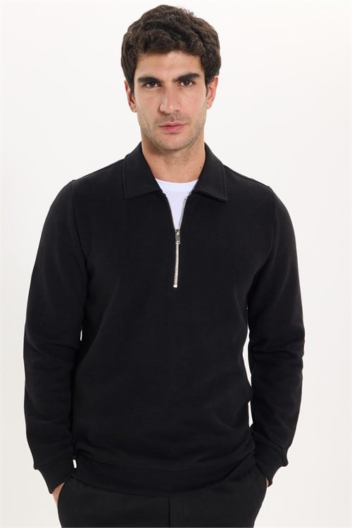 Erkek Regular Fit Klasik Kesim Fermuarlı Selanik Kumaş Siyah Polo Yaka Sweatshirt