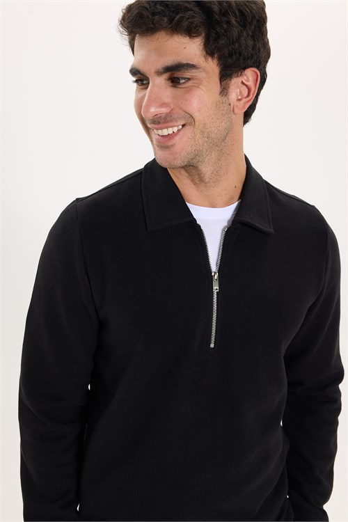 Erkek Regular Fit Klasik Kesim Fermuarlı Selanik Kumaş Siyah Polo Yaka Sweatshirt