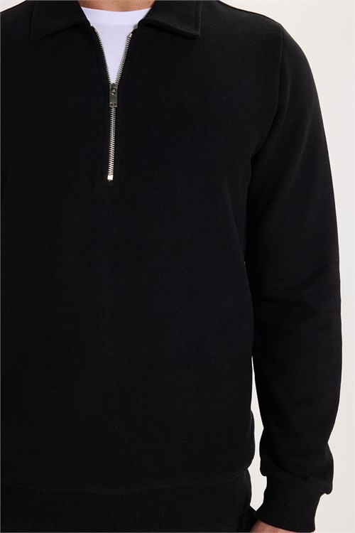 Erkek Regular Fit Klasik Kesim Fermuarlı Selanik Kumaş Siyah Polo Yaka Sweatshirt
