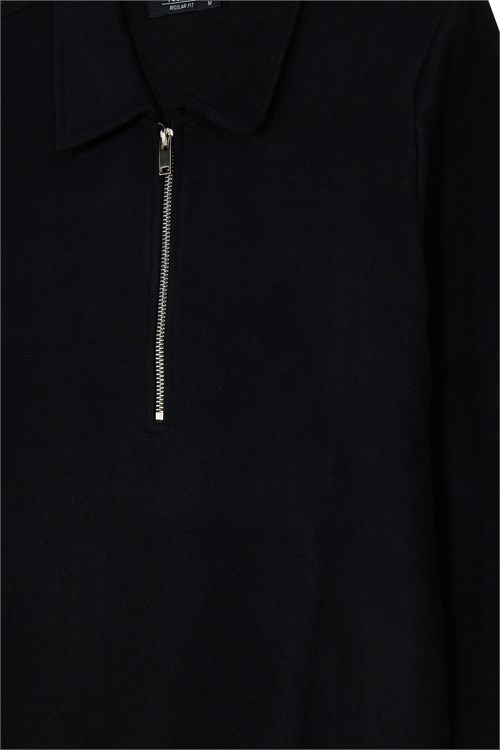 Erkek Regular Fit Klasik Kesim Uzun Kollu Fermuarlı Siyah Polo Yaka Sweatshirt