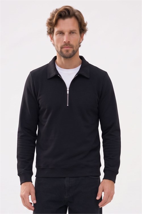 Erkek Regular Fit Klasik Kesim Uzun Kollu Fermuarlı Siyah Polo Yaka Sweatshirt