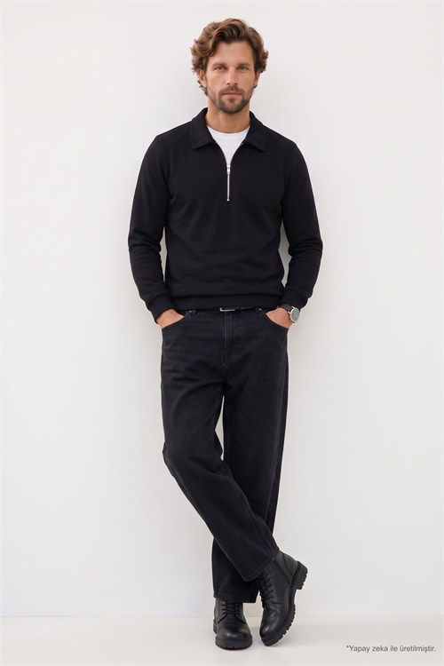 Erkek Regular Fit Klasik Kesim Uzun Kollu Fermuarlı Siyah Polo Yaka Sweatshirt