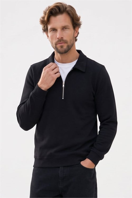 Erkek Regular Fit Klasik Kesim Uzun Kollu Fermuarlı Siyah Polo Yaka Sweatshirt