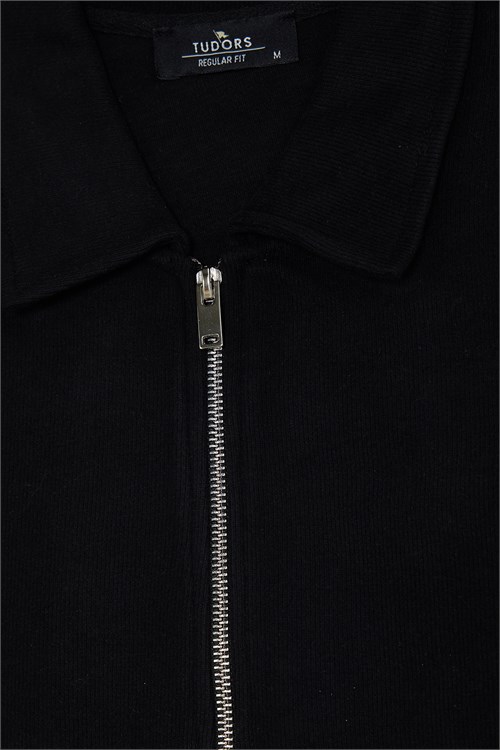 Erkek Regular Fit Klasik Kesim Uzun Kollu Fermuarlı Siyah Polo Yaka Sweatshirt