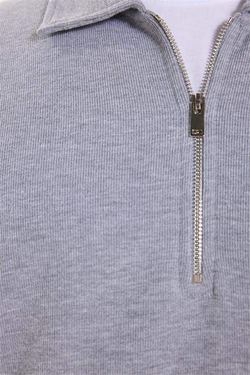 Erkek Regular Fit Klasik Kesim Fermuarlı Selanik Kumaş Gri Polo Yaka Sweatshirt
