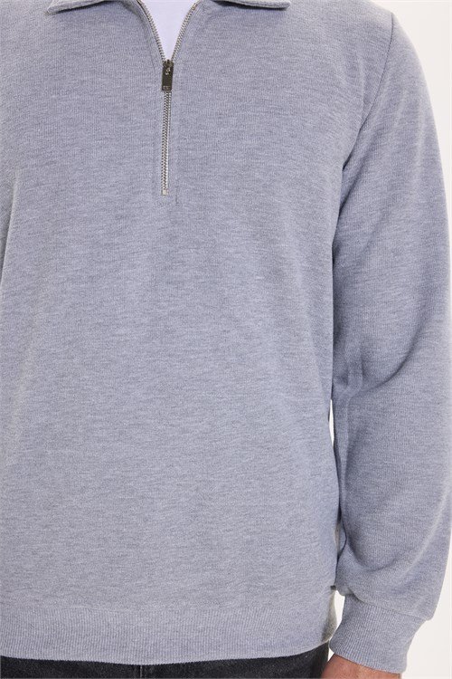 Erkek Regular Fit Klasik Kesim Fermuarlı Selanik Kumaş Gri Polo Yaka Sweatshirt