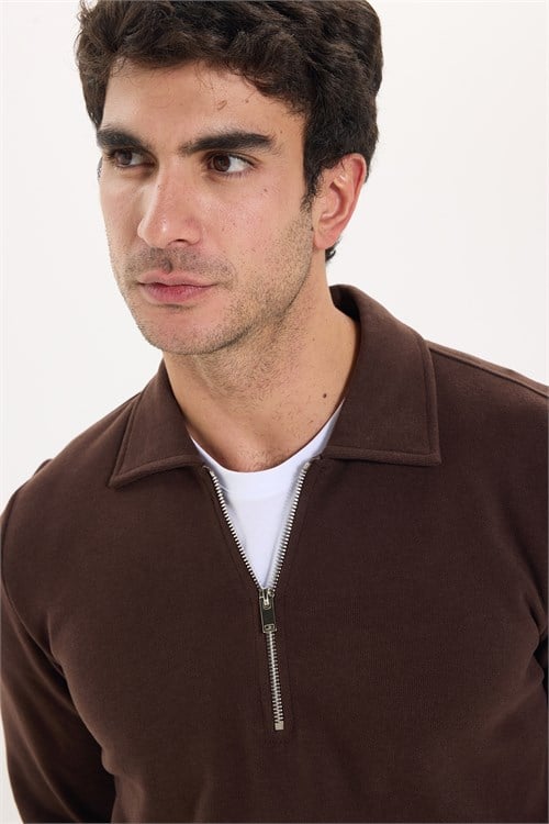 Erkek Regular Fit Klasik Kesim Fermuarlı Selanik Kumaş Kahverengi Polo Yaka Sweatshirt