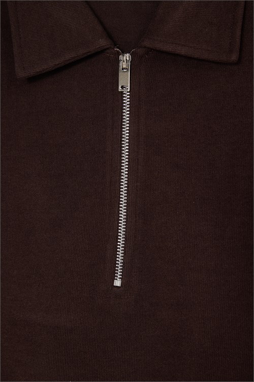 Erkek Regular Fit Klasik Kesim Fermuarlı Selanik Kumaş Kahverengi Polo Yaka Sweatshirt