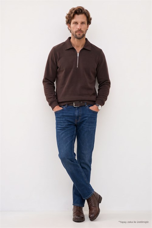 Erkek Regular Fit Klasik Kesim Fermuarlı Selanik Kumaş Kahverengi Polo Yaka Sweatshirt