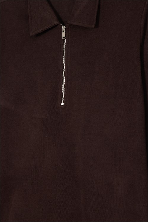 Erkek Regular Fit Klasik Kesim Fermuarlı Selanik Kumaş Kahverengi Polo Yaka Sweatshirt