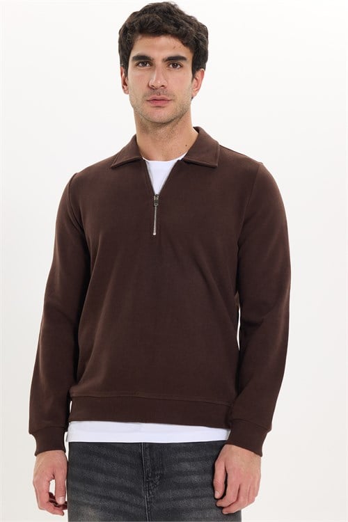 Erkek Regular Fit Klasik Kesim Fermuarlı Selanik Kumaş Kahverengi Polo Yaka Sweatshirt