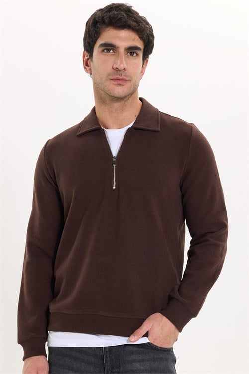 Erkek Regular Fit Klasik Kesim Fermuarlı Selanik Kumaş Kahverengi Polo Yaka Sweatshirt