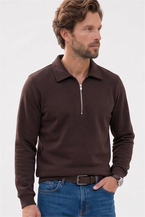Erkek Regular Fit Klasik Kesim Fermuarlı Selanik Kumaş Kahverengi Polo Yaka Sweatshirt
